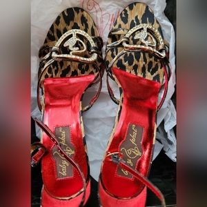 baby phat wedge heels, size 6, leopard & Red , fabric upper, leather outsole NWT